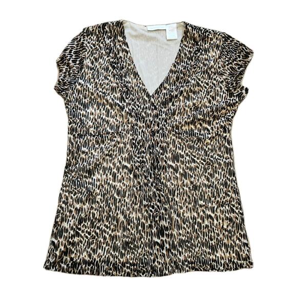 Vtg Leopard Print Mesh Babydoll Blouse Top Womens L Brown Boho Y2K Cheetah Girls - Picture 1 of 9
